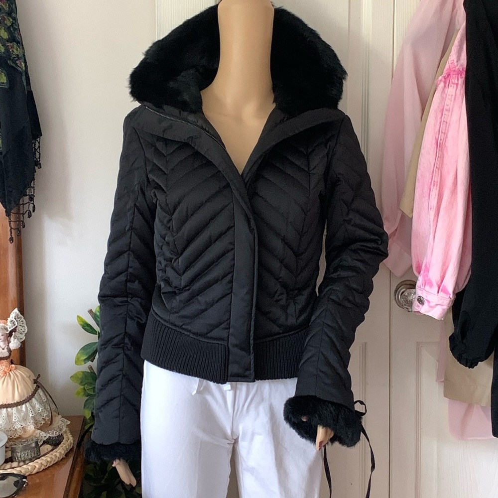 Bebe RARE Y2K Lace Up corset HOODED DOWN Fill Genuine Rabbit FUR jacket M🇨🇦 - Picture 8 of 15